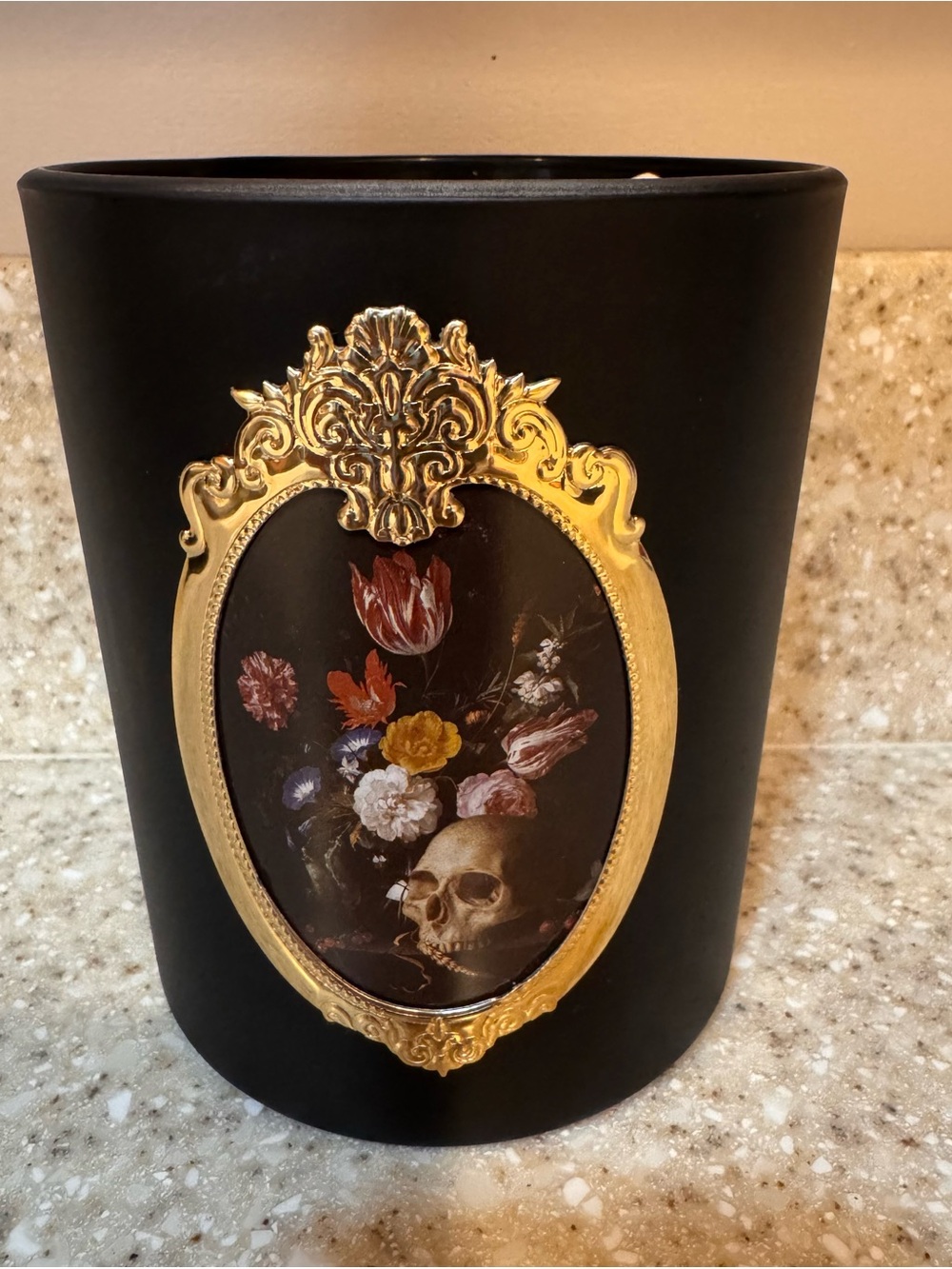 MFA Boston Gothic Halloween Candle with Gold Frame and Floral Skull Artwork